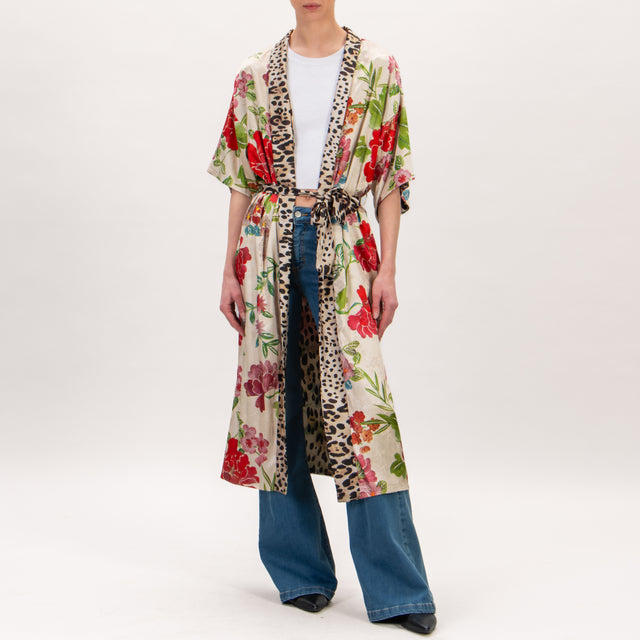 Tensione in- Kimono double face fantasia - sand/rosso/verde/maculato
