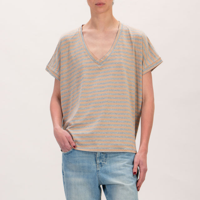 Zeroassoluto-T-shirt jersey righe scollo a v - grigio melange/beige