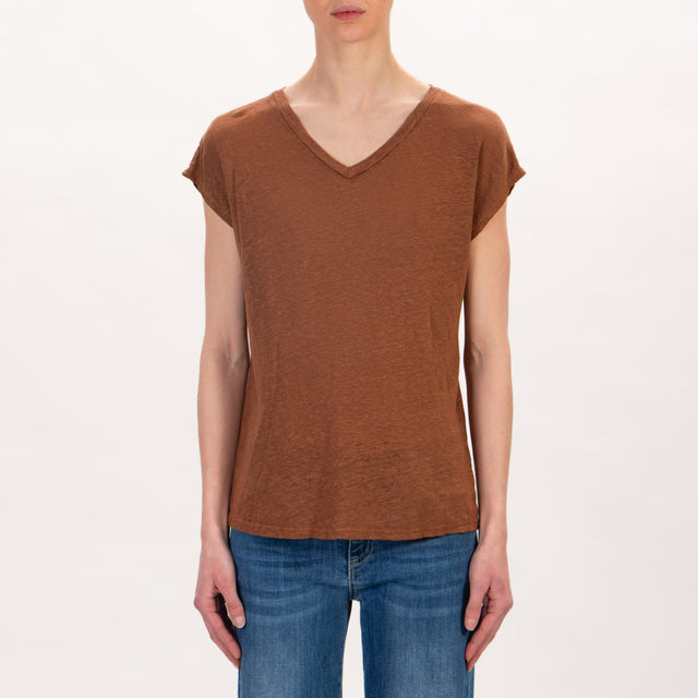 Zeroassoluto -T-shirt scollo V in lino - cuoio