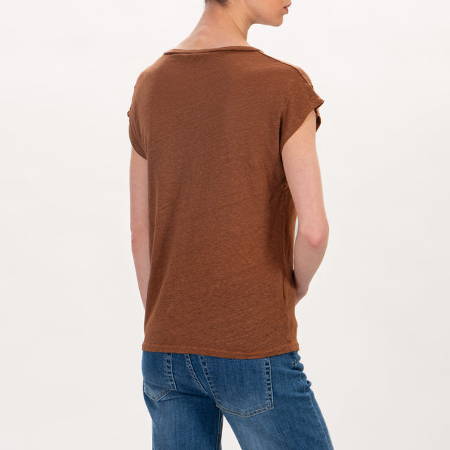 Zeroassoluto -T-shirt scollo V in lino - cuoio