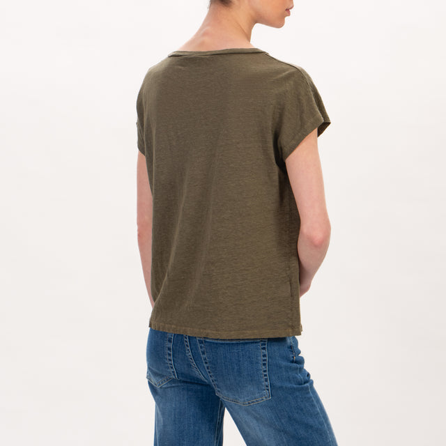 Zeroassoluto -T-shirt scollo V in lino - militare