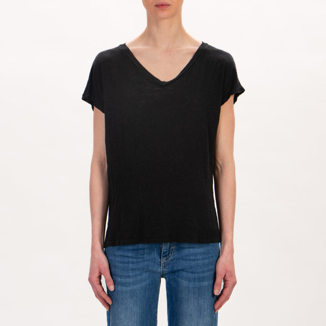Zeroassoluto -T-shirt scollo V in lino - nero