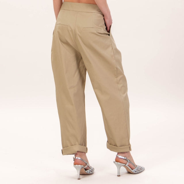 Haveone-Pantalone cotone elasticizzato con pinces - beige