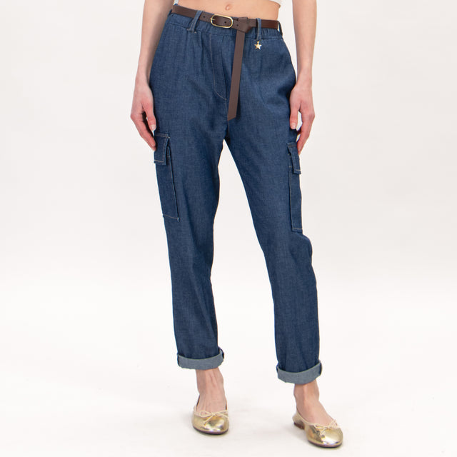 Souvenir-Pantalone chambray cargo con elastico - denim