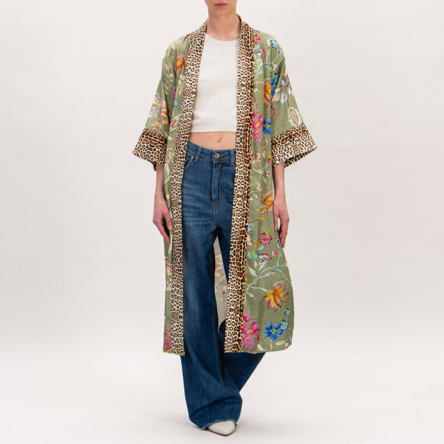 Dixie-Kimono fantasia floreale bordi maculato - salvia/fucsia/maculato
