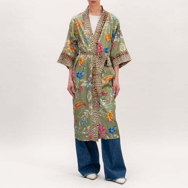 Dixie-Kimono fantasia floreale bordi maculato - salvia/fucsia/maculato