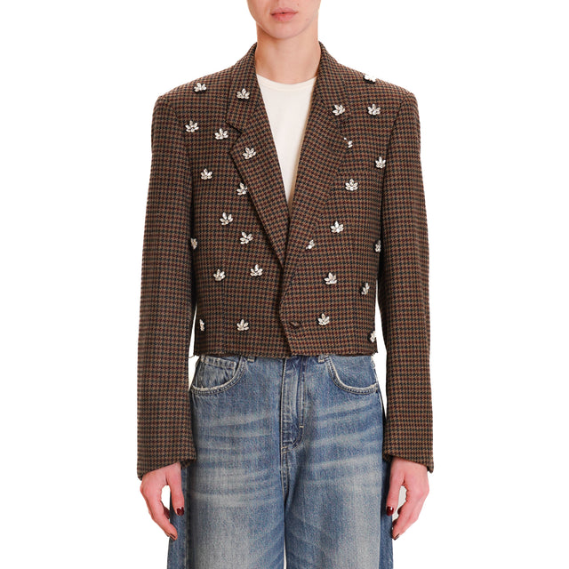 Souvenir-Pied de poule cropped jacket with pins - dark brown/wine/black