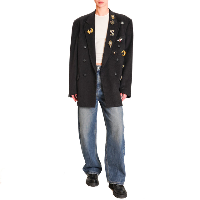 Souvenir-Double-breasted jacket with pins - black