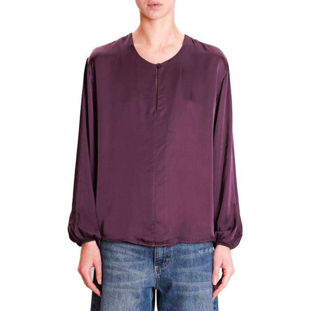 Souvenir-Satin Blouse with Teardrop Front Opening - Plum