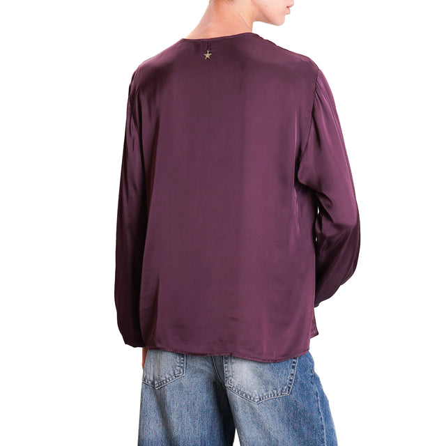 Souvenir-Satin Blouse with Teardrop Front Opening - Plum