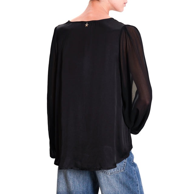 Souvenir-Double fabric V-neck blouse - black