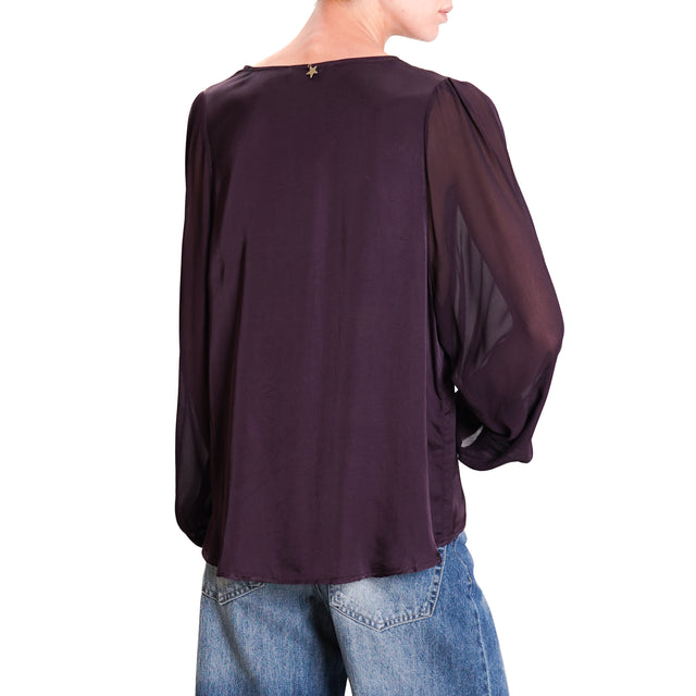 Souvenir-Double Fabric V-Neck Blouse - Plum