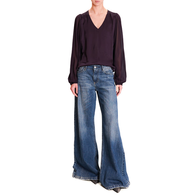 Souvenir-Double Fabric V-Neck Blouse - Plum