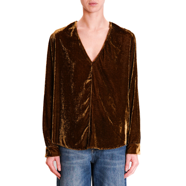 Souvenir-V-Neck Velvet Blouse - Oil