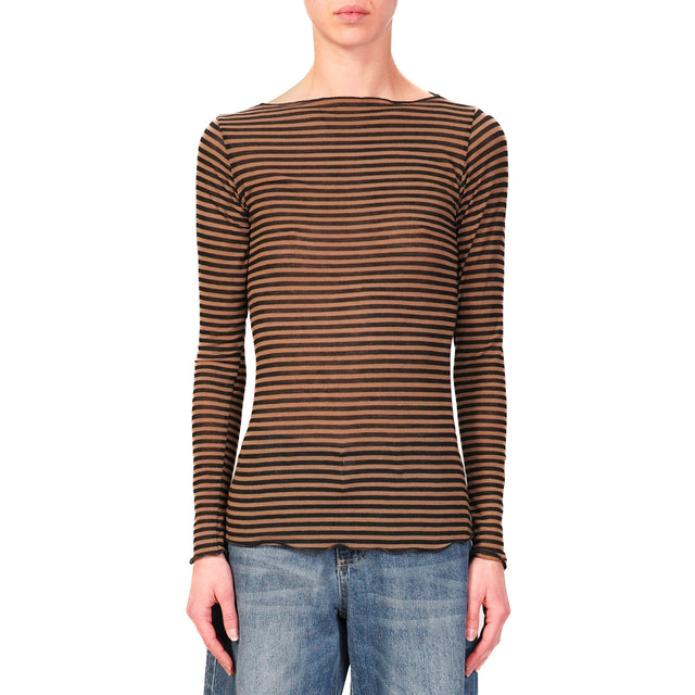 Tensione in-T-shirt a righe misto cashmere - tabacco/nero