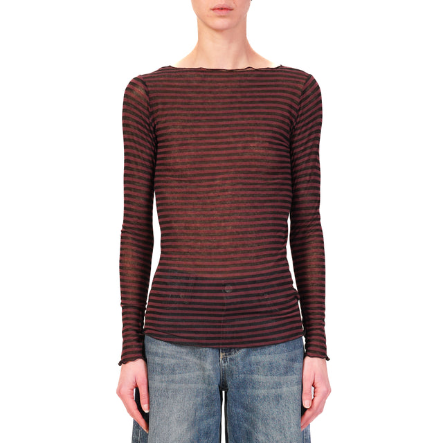 Tensione in-T-shirt a righe misto cashmere - bordeaux/nero