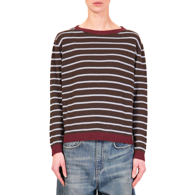 Tensione in- Maglia righe misto cashmere - vino/moro/cielo