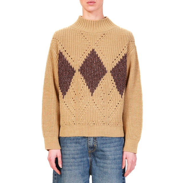 Tensione in-Maglia rombi misto lana - camel/moro