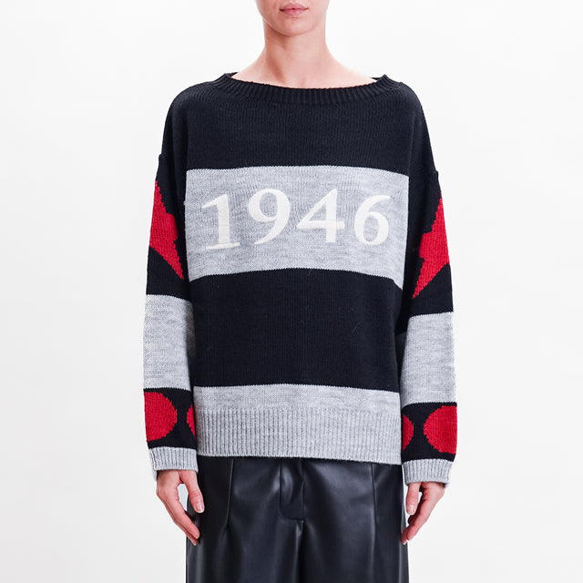 Tensione in-Maglia righe "1946" misto lana - grigio/nero/rosso