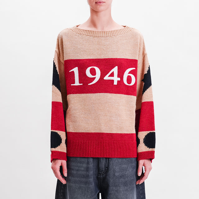 Tensione in-Maglia righe "1946" misto lana - rosso/cammello/nero