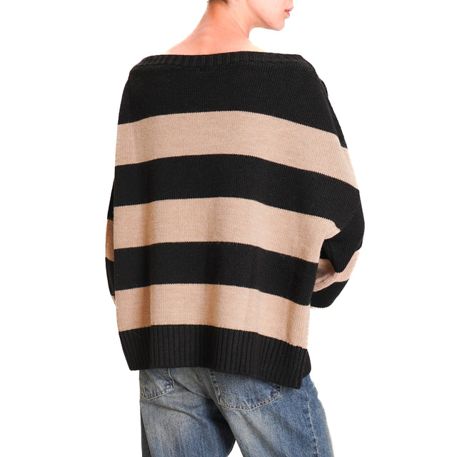 Tension in-Striped Alpaca Blend Sweater - Black/Hazelnut