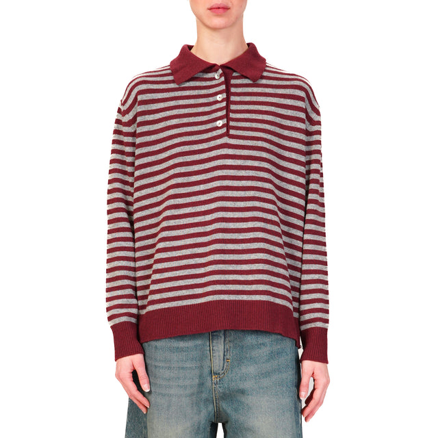 Tensione in-Maglia misto cashmere polo a righe - Bordeaux/grigio