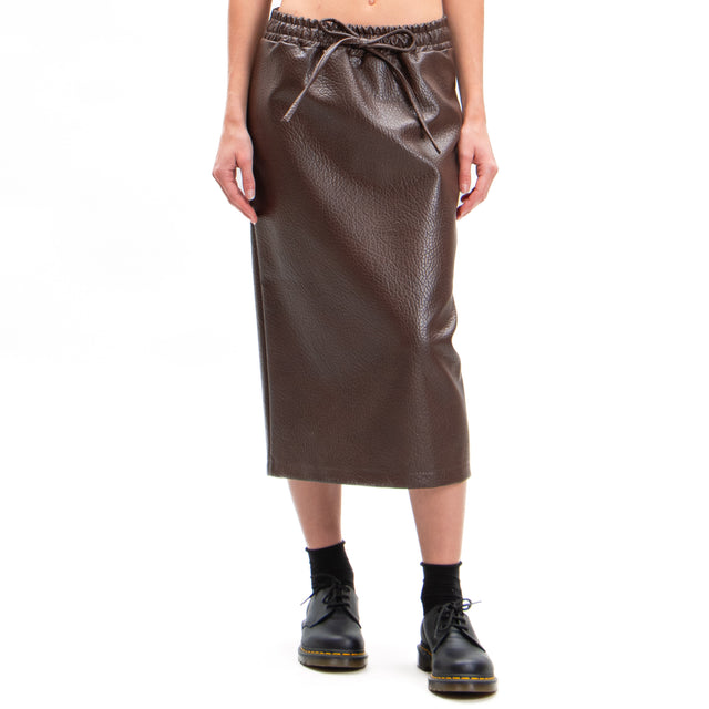 Tension in-Leatherette Skirt with Drawstring - dark brown