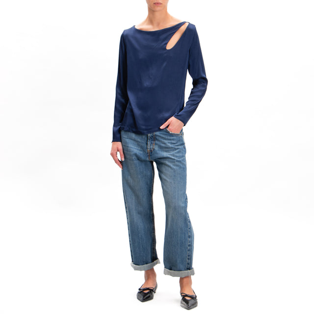 Tensione in-Blusa cut out in satin elasticizzato - blu