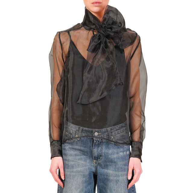 Tensione in-Blusa in tulle con fiocco - nero