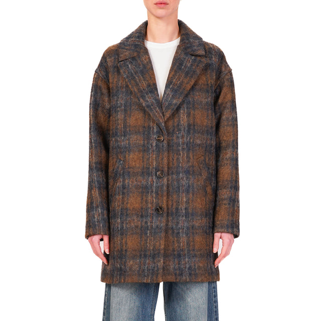 Tensione in-Cappotto check misto alpaca - blu/cuoio