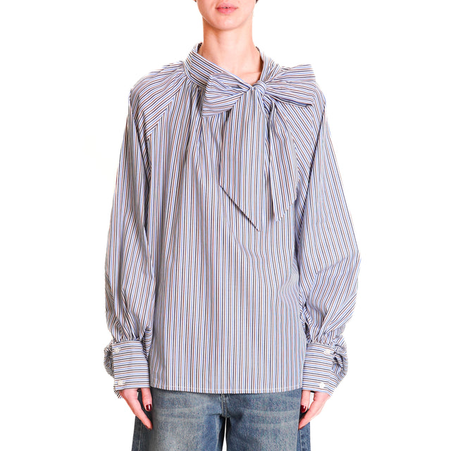 Tension in-Blouse stripes with bow - light blue/white/dark brown