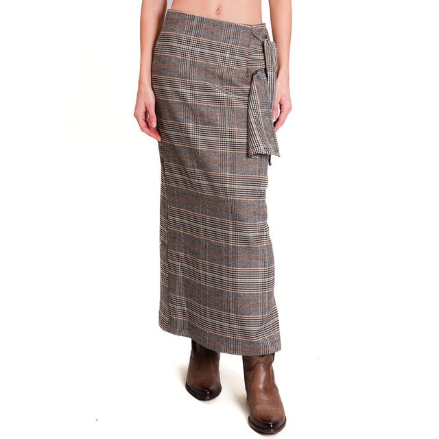 Tension in-Prince of Wales skirt with back slit - leather/milk/black