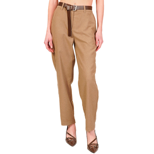 Tension in-Pantalone flannel elastic back - camel