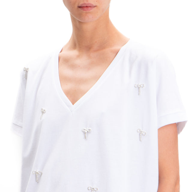 Tensione in-T-shirt scollo v con dettagli strass - bianco