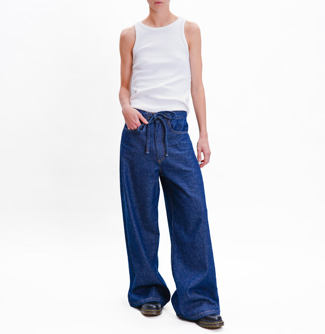 Tensione in-Jeans wide leg con coulisse - denim scuro