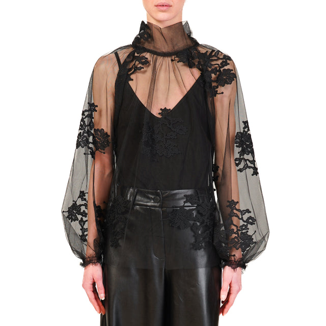 Tensione in-Blusa tulle con ricami - nero