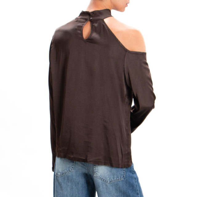 Tensione in-Blusa cut out collo montato in satin - moka