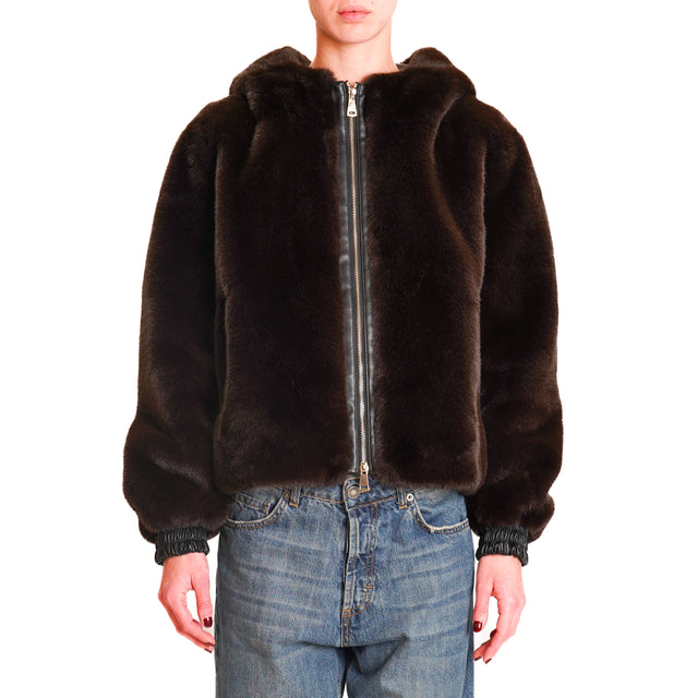 Tension in-Bomber eco fur with hood - dark brown