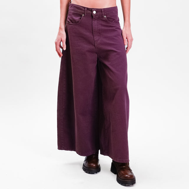 Tensione in- Pantalone wide leg in cotone drill - prugna