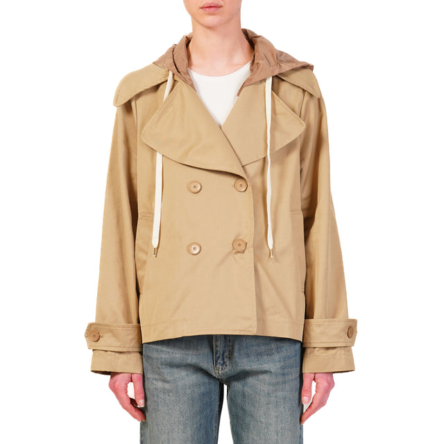 Tensione in-Trench in cotone con cappuccio nylon rimovibile - camel