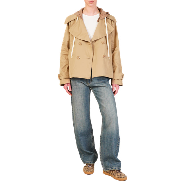 Tensione in-Trench in cotone con cappuccio nylon rimovibile - camel