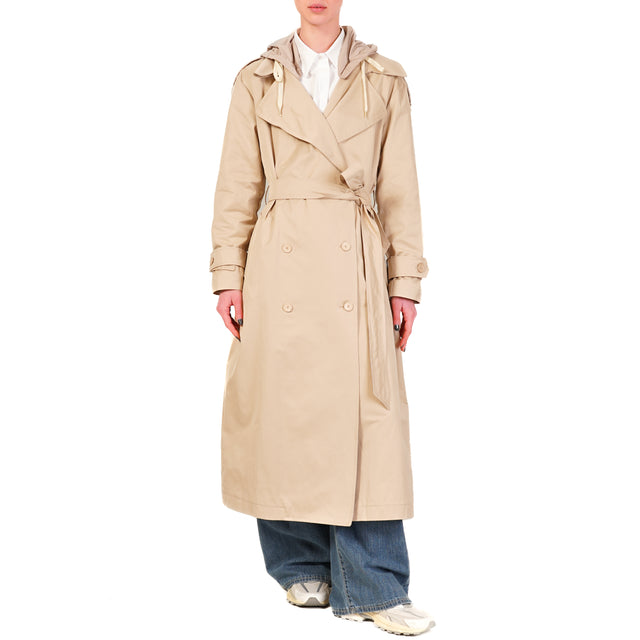 Tensione in-Trench doppiopetto cappuccio rimovibile - beige