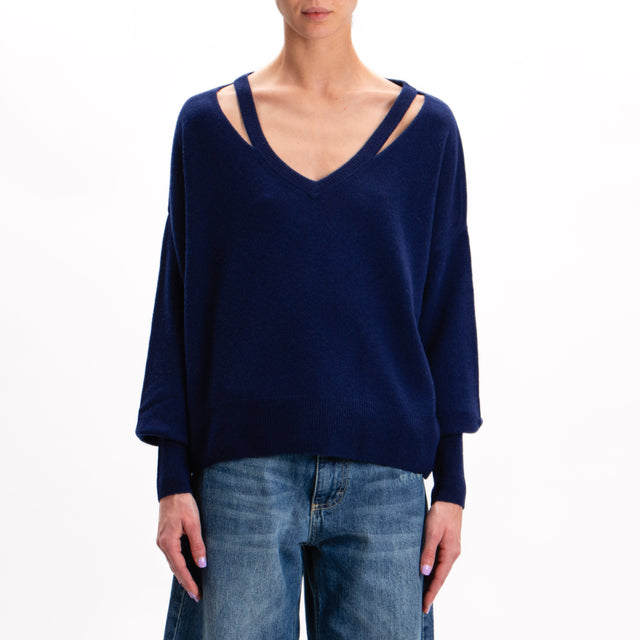 Tensione in-Maglia lana scollo v con cut out 100%lana SOFT - blu