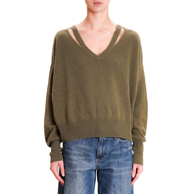 Tension in-V-Neck Wool Sweater with Cut Out - Military