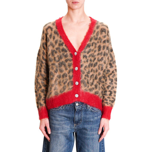 Tension in-Cardigan mohair jewel buttons - camel/black/red