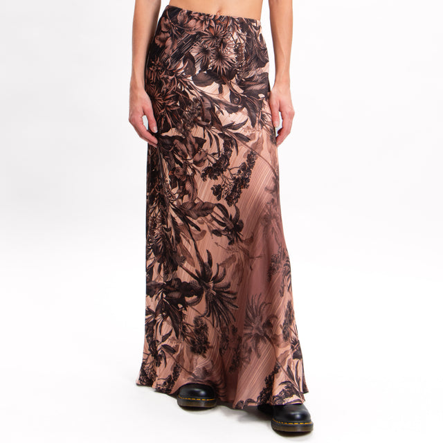 Vicolo-Palm Print Skirt Elastic Waist - Powder/Dark Brown/Black