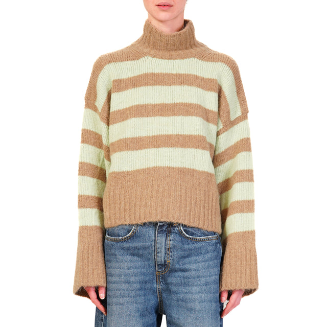 Vicolo-Maglia collo alto righe misto lana - camel/menta