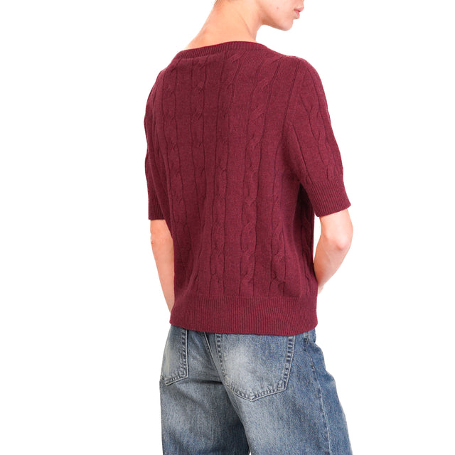 Vicolo-Maglia treccia mezza manica misto cashmere - vino