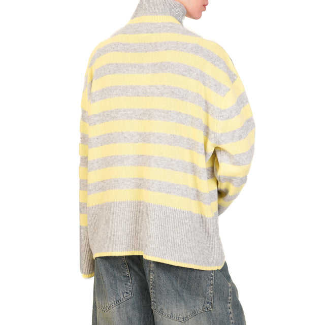 Vicolo-Maglia righe misto cashmere collo montato - grigio/lime