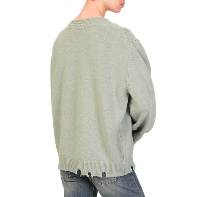 Vicolo-Maglia scollo v con rotture misto cashmere - salvia